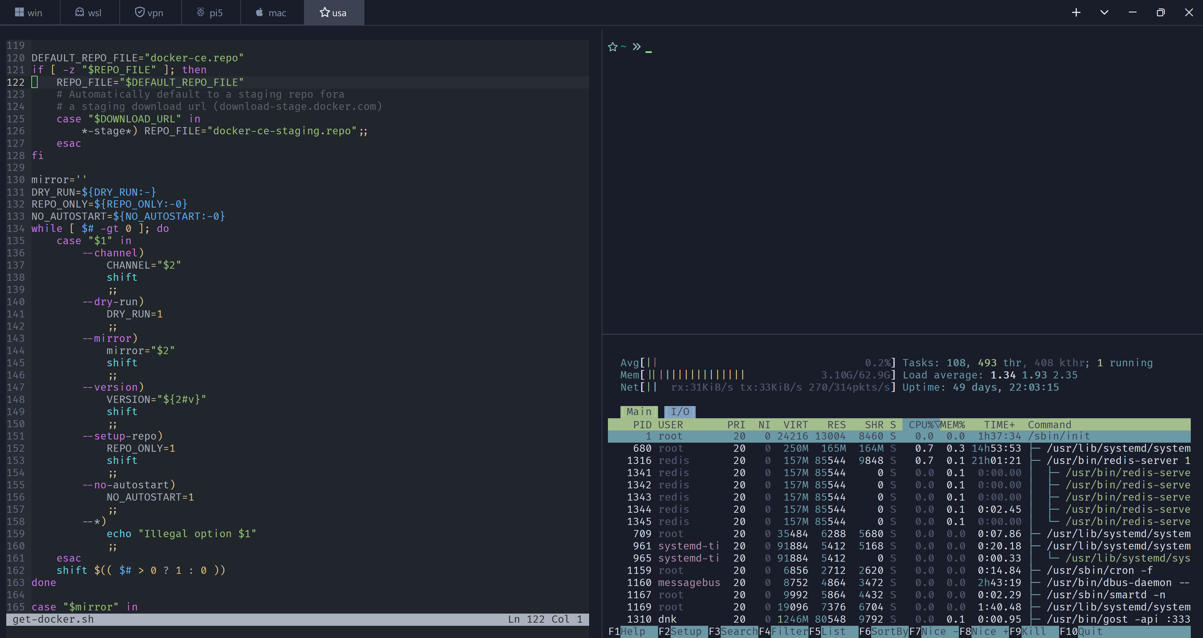 Som: сплит с кодом слева, htop и терминал справа, таб-бар с профилями win/wsl/vpn/pi5/mac/usa